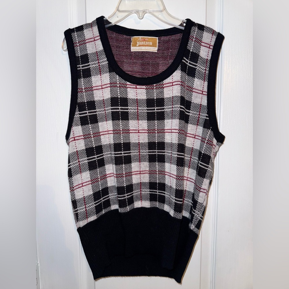 Jantzen 70s/80s Plaid Sweater Vest Black White Red Vintage Size M
